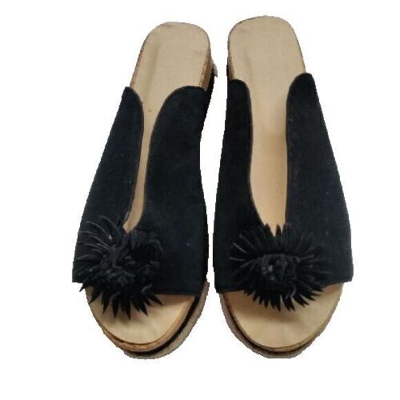 Elegant Flower Open‎ Toe Mule Women 10 Black Suede Slip-on Beach Casual Sandals - Picture 1 of 5